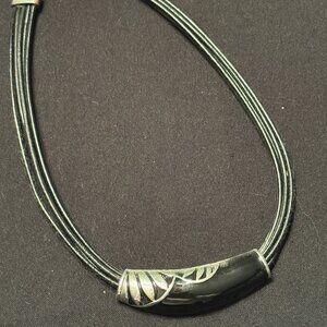 Vintage Fashion Silver Tone Multi Strand Necklace with Black pendant